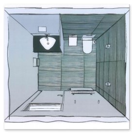 Das Badezimmer zeigt eine klare Anordnung mit Holz- und Fliesenoberflächen, einem Waschbecken und einer Toilette in der Ecke.