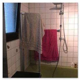 Ein Badezimmer mit einer Duschkabine, in der ein graues und ein pinkes Handtuch hängen.