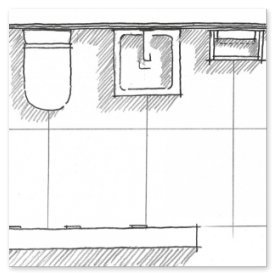 Eine technische Zeichnung zeigt verschiedene Sanitäranlagen, darunter ein Waschbecken und eine Toilette, in einem klaren Layout.